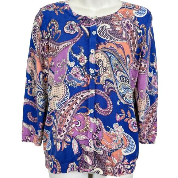 Talbots Womens Thin Violet Blue Paisley Floral Cardigan Sweater Cotton Blend M - Picture 1 of 16